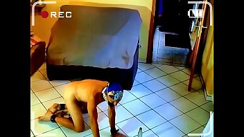 Play Naked skinny slave exposed housekeeping in chains and weights on balls gayshow